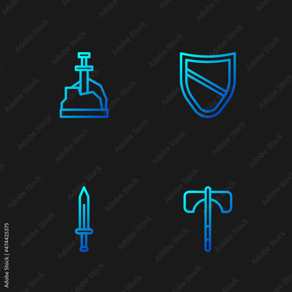 Set line Medieval axe, sword, Sword in the stone and Shield. Gradient color icons. Vector Set line Medieval axe, sword, Sword in the stone and Shield. Gradient color icons. Vector