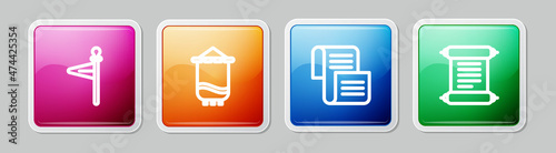 Set line Medieval flag, , Decree, parchment, scroll and . Colorful square button. Vector