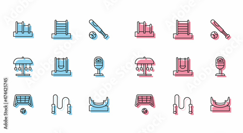 Set line Soccer goal with ball, Jump rope, Horizontal bar, Boat swing, Swing, Trash can, Attraction carousel and Swedish wall icon. Vector