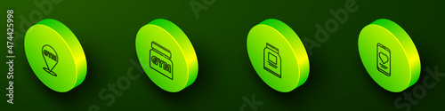 Set Isometric line Location gym, Sports nutrition, and Mobile with heart rate icon. Vector