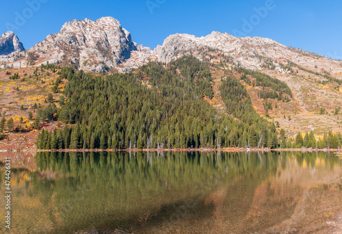 Scenic Reflection Landscape of the Tetons in Autumn in String Lake