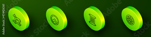 Set Isometric line Trojan horse, Greek shield, Decree, parchment, scroll and Old wooden wheel icon. Vector