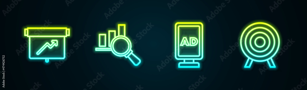 Set line Board with graph chart, Magnifying glass and analysis, Advertising and Target sport. Glowing neon icon. Vector Set line Board with graph chart, Magnifying glass and analysis, Advertising and Target sport. Glowing neon icon. Vector