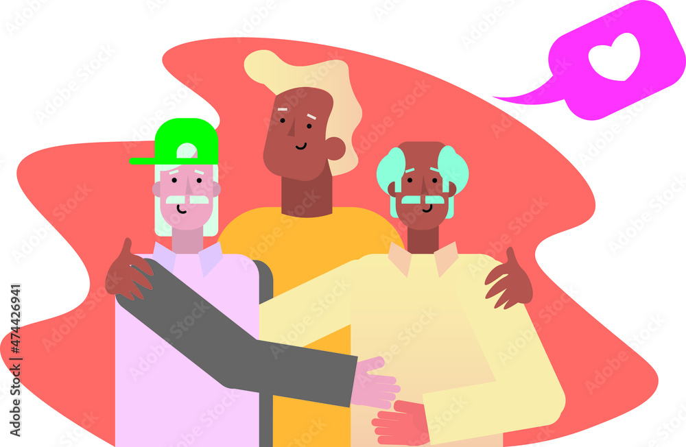 Portrait of happy LGBTQ+ family hugging each other. Adult man embracing mature gay parents or grandparents isolated on white background. Parents with child. Vector illustration in flat style. Portrait of happy LGBTQ+ family hugging each other. Adult man embracing mature gay parents or grandparents isolated on white background. Parents with child. Vector illustration in flat style.