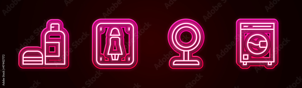 Set line Bottle of shampoo, Female toilet, Round makeup mirror and Washer. Glowing neon icon. Vector Set line Bottle of shampoo, Female toilet, Round makeup mirror and Washer. Glowing neon icon. Vector
