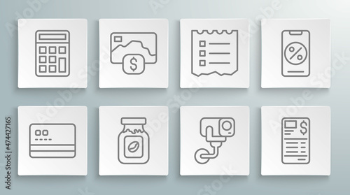 Set line Credit card, Coffee jar bottle, Security camera, Paper or financial check, Shopping list, Percent discount and mobile and Calculator icon. Vector