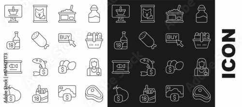 Set line Steak meat, Seller, Shopping basket and food, Tin can with caviar, Salami sausage, Wine bottle, cart on computer and Buy button icon. Vector