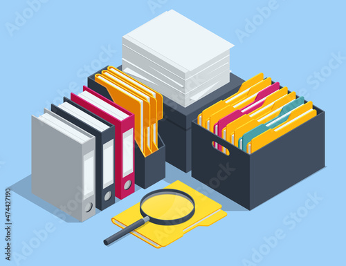 Marketing data analysis. Isometric office document folders. Routine, bureaucracy, big data, paperwork, office. Bureaucracy. Data Analysis, Business Statistic, Management, Consulting, Marketing