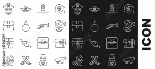Set line Cannon, Antique treasure chest, Pirate captain, Lighthouse, Bomb ready to explode, and Vintage pistol icon. Vector