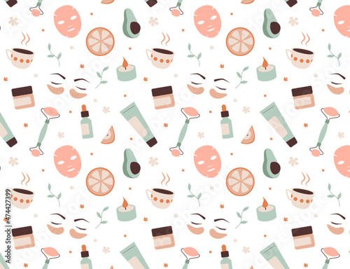Cosmetic products and tools for face and body skin care. Winter beauty routine, self-love and self-care concept. Cartoon style seamless pattern.