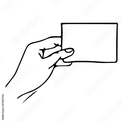 Man holds a credit or business card in his left hand. Vector outline illustration with copy space