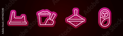 Set line Baby potty, Sand in bucket with shovel, Whirligig toy and Newborn baby infant swaddled. Glowing neon icon. Vector