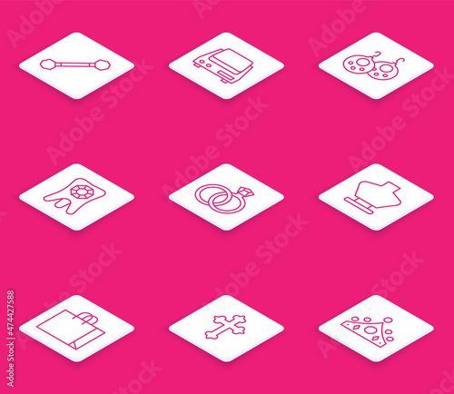Set line Piercing, Electronic jewelry scales, Earrings, Tooth with diamond, Wedding, Necklace mannequin, Shopping bag and Christian cross icon. Vector
