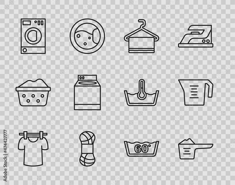 Set line Drying clothes, Washing powder, Towel on hanger, Yarn, Washer, Temperature wash and Measuring cup icon. Vector Set line Drying clothes, Washing powder, Towel on hanger, Yarn, Washer, Temperature wash and Measuring cup icon. Vector
