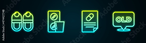 Set line Slippers, Pills in blister pack, Medical prescription and Nursing home. Glowing neon icon. Vector