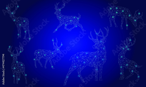 Low poly vector animals set: stylized linear wire construction. Abstract polygonal geometric christmas deers illustration. Vector low poly shiny neon deers on a blue background. Christmas elements