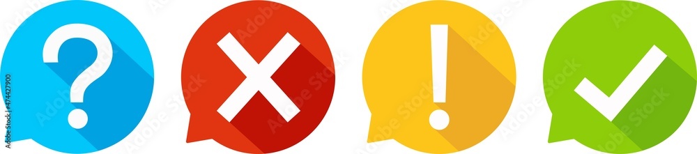 Set of round marks, cross, exclamation and question point, checkmark icons, buttons on white background.
Set of round marks, cross, exclamation and question point, checkmark icons, buttons on white background.