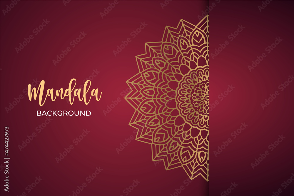 Fototapeta premium Luxurious mandala ornament background with golden pattern. Luxurious golden mandala vector. Decoration Arab-style mandala pattern on a red background. Luxury decoration mandala.