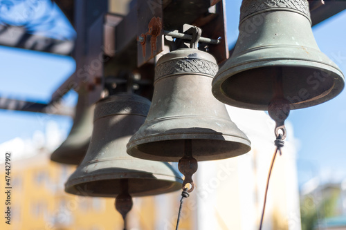 Church bells on the bell tower of the monastery, selective focus.