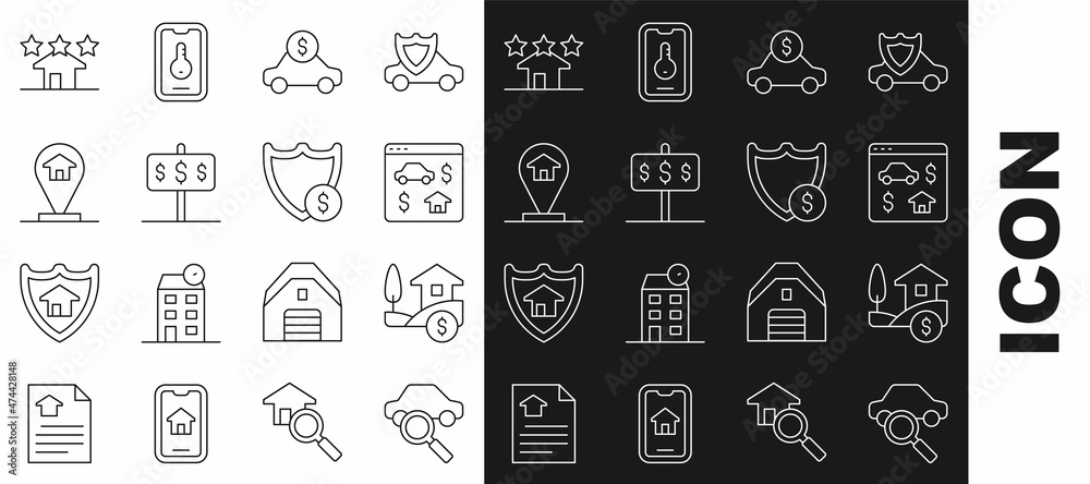 Set line Car sharing, House with dollar, Online real estate, rental, Location house, Real and Shield icon. Vector Set line Car sharing, House with dollar, Online real estate, rental, Location house, Real and Shield icon. Vector