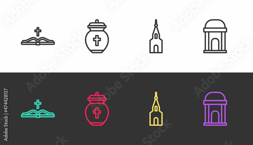 Set line Holy bible book, Funeral urn, Church building and Old crypt on black and white. Vector
