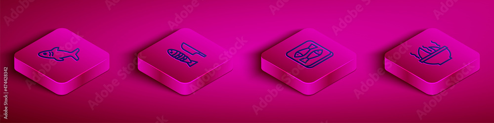 Set Isometric line Shark, Fish with sliced pieces, Canned fish and fin soup icon. Vector Set Isometric line Shark, Fish with sliced pieces, Canned fish and fin soup icon. Vector