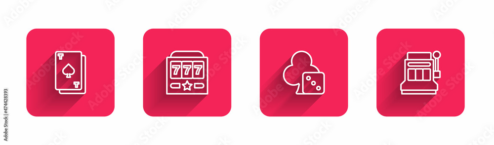 Set line Playing card with spades, Slot machine jackpot, Game dice and with long shadow. Red square button. Vector Set line Playing card with spades, Slot machine jackpot, Game dice and with long shadow. Red square button. Vector