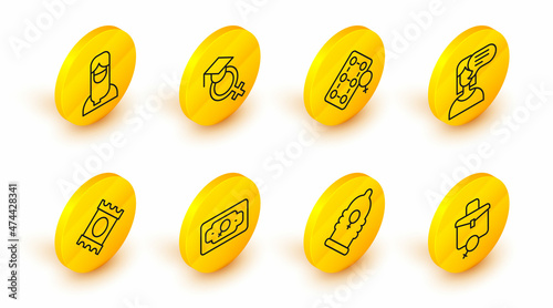 Set line Work for female, Condom, Money growth woman, in package, Female opinion, Packaging of birth control pills, Teacher and Muslim hijab icon. Vector