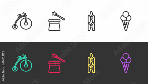 Set line Vintage bicycle, Magic hat and wand, Circus ticket and Ice cream waffle cone on black and white. Vector