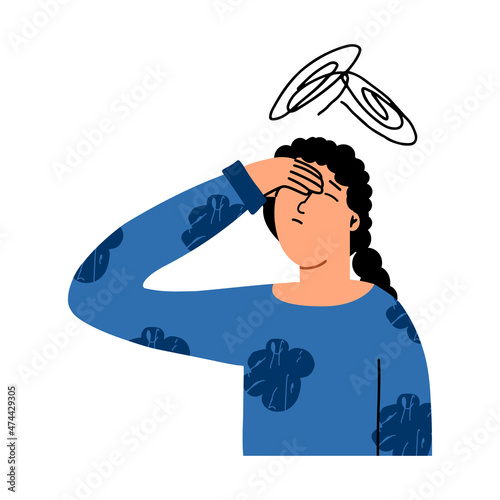 The girl suffers from migraine headaches. The woman clutched her head. Vector illustration of hand drawing style.