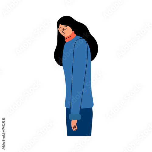 The girl feels sad and lonely. Young introvert woman in depression. A character with his hands and head down. Vector illustration in a flat style.