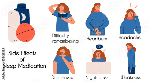 Infographics of side effects from new drugs. The girl suffers from heartburn, headache, weakness. Vector hand drawing illustration.