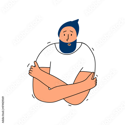 Internal vibrations, tremors, tremors. The man is scared, experiencing a panic attack. Vector illustration of hand drawing style.