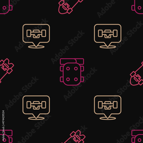 Set line Longboard or skateboard, Skateboard wheel and Knee pads on seamless pattern. Vector