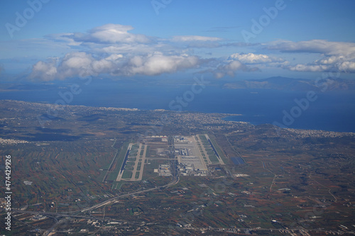Famous Athens main airport of Eleftherios Venizelos in area of Spata as seen from airplane window, Attica, Greece