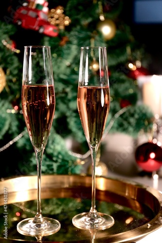 glasses of champagne and christmas decorations