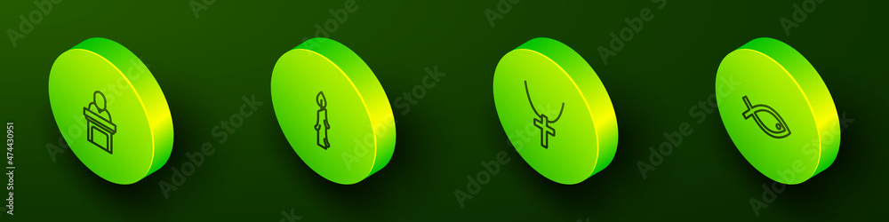 Set Isometric line Church pastor preaching, Burning candle, Christian cross on chain and fish symbol icon. Vector Set Isometric line Church pastor preaching, Burning candle, Christian cross on chain and fish symbol icon. Vector