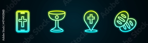 Set line Christian cross on phone, chalice, Location church building and bread. Glowing neon icon. Vector