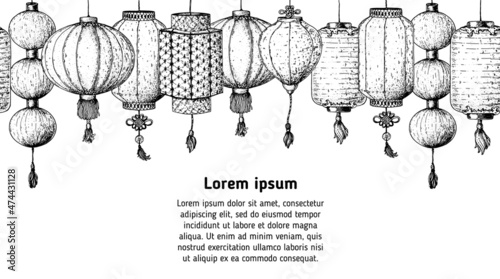 Chinese lanterns sketch. Hand drawn vector illustration. Seamless border. Asian new year lanterns. Design template. Vintage illustration.