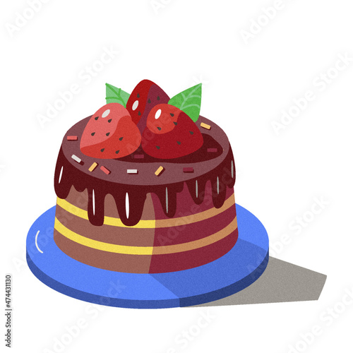 Chocolate cake with strawberries. Festive sweet cupcake with berries on a white background for a postcard.