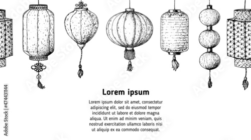 Chinese lanterns sketch. Hand drawn vector illustration. Seamless border. Asian new year lanterns. Design template. Vintage illustration.