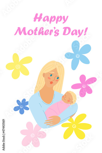 Mothers Day card. Mother with baby child. Woman with newborn. Parent holds child in her arms. Stock vector flat cartoon illustration isolated on white background.