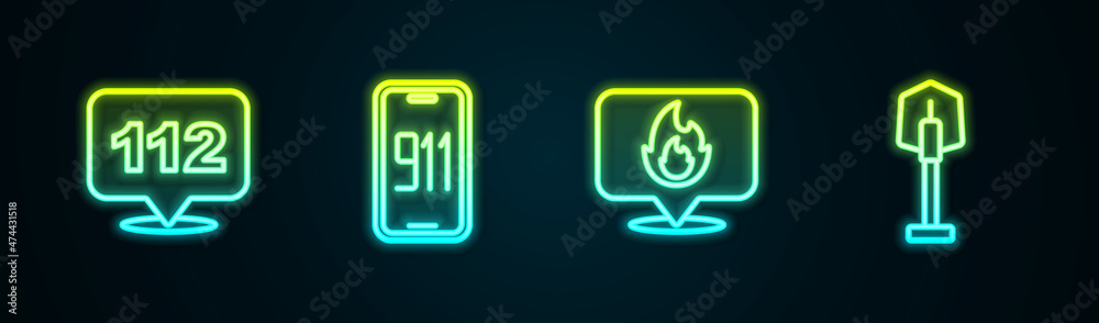 Set line Emergency call, Mobile emergency 911, Location with fire flame and Fire shovel. Glowing neon icon. Vector Set line Emergency call, Mobile emergency 911, Location with fire flame and Fire shovel. Glowing neon icon. Vector