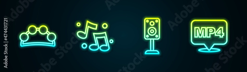 Set line Tambourine, Music note, tone, Stereo speaker and MP4 file document. Glowing neon icon. Vector
