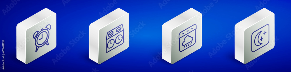 Set Isometric line Alarm clock, Time chess, Calendar autumn and Moon and stars icon. Vector Set Isometric line Alarm clock, Time chess, Calendar autumn and Moon and stars icon. Vector