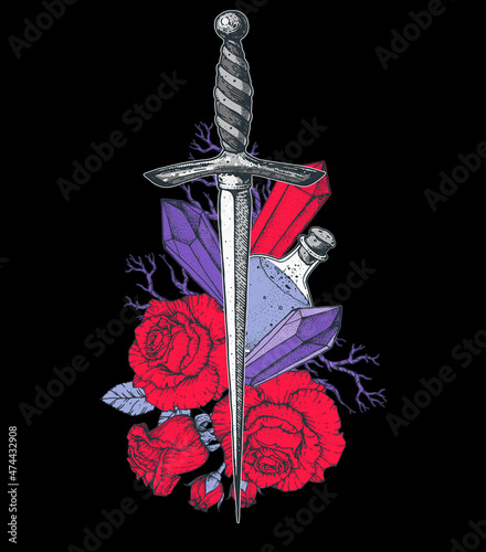 Dagger, roses and mystical items. Hand drawn vector illustration. Colorful illustration . Tattoo print. T-shirt design.