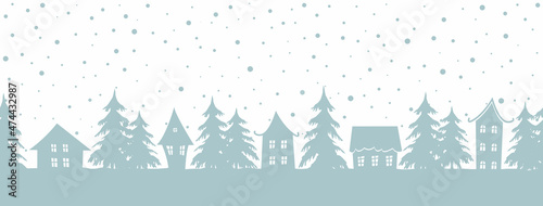 Christmas background. Winter landscape. Seamless border. There are gray blue houses and fir trees on a white background. Vector illustration