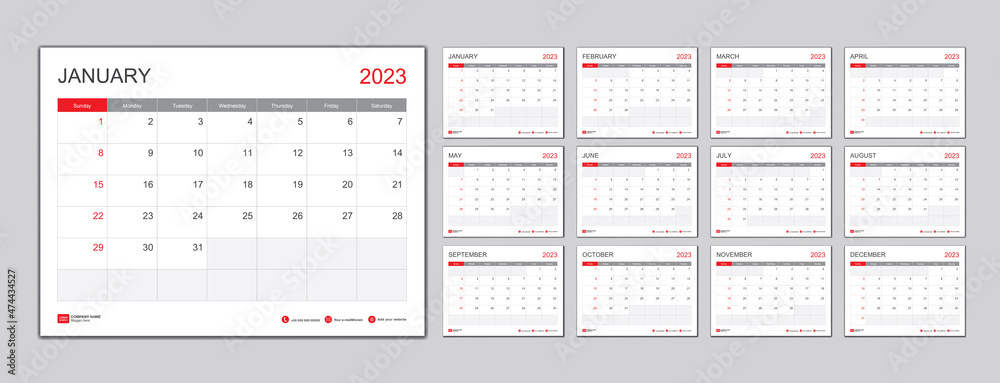 Media Calendar 2023 Calendar Template For 2023 With Week Start On Sunday.desk Calendar 2023  Template, Planner Simple, Wall Calendar 2023 Design, Stationery, Printing  Media, Vector Illustration Stock Vector | Adobe Stock