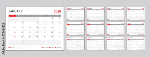 Calendar template for 2026 with week start on Sunday.Desk Calendar 2026 template, Planner simple, wall calendar 2026 design, Stationery, printing media, vector illustration