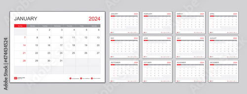Calendar template for 2024 with week start on Sunday.Desk Calendar 2024 template, Planner simple, wall calendar 2024 design, Stationery, printing media, vector illustration